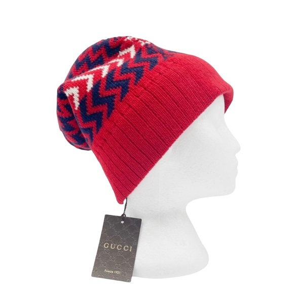 GUCCI Wool Zigzag Beanie Hat Red Size M 22cm - Picture 2 of 10